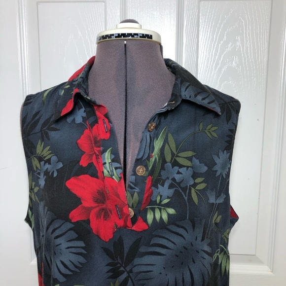 Caribbean Joe Rayon Collar Sleeveless 1/4 Buttoned Hawaiian Floral Maxi Dress M - Picture 2 of 16